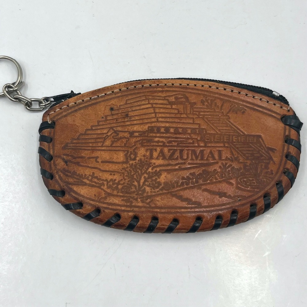 Vintage El Salvador Tazumal‎ Leather Coin Purse Keychain Hummingbird Embossed